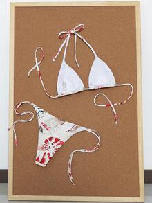 QKJ 女士白色和红色抽象印花比基尼套装，三角带滑动罩杯可调节系带比基尼上衣，低腰高衩性感夏季海滩度假泳装 - 白色 - 查看 2