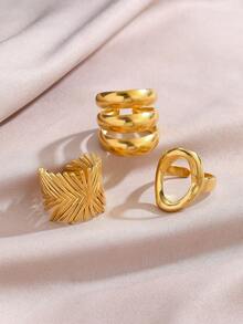 3件套不锈钢镀18K金简约厚几何椭圆形叠戴戒指套装，适合女士日常及派对佩戴 - 金色 - 查看 1