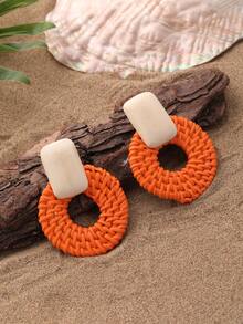 1 Pair Handmade Rattan Woven Hollow Round & Rectangular Natural Wood Earrings, Suitable For Vacation, Party, And As Souvenir, Actual Size May Vary Slightly Due To Handcrafted Nature - Orange - View 6