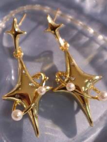 1 Pair Fashionable Starburst Cross Star Earrings, Design Versatile Daily & Party Earrings For Women - Gold - View 3