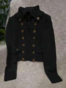 Women's High Collar Sweater Cardigan With Large Zipper And Multiple Buttons, Stylish Design - Black - View 4