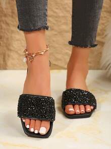 Plus Size Women's Slip-On Flat Sandals, Black Square Toe Rhinestone Non-Slip Soft Bottom Lace-Up Beach Slippers, Fashionable With Dresses, Suitable For Beach, Housewife's Choice - Black - View 2