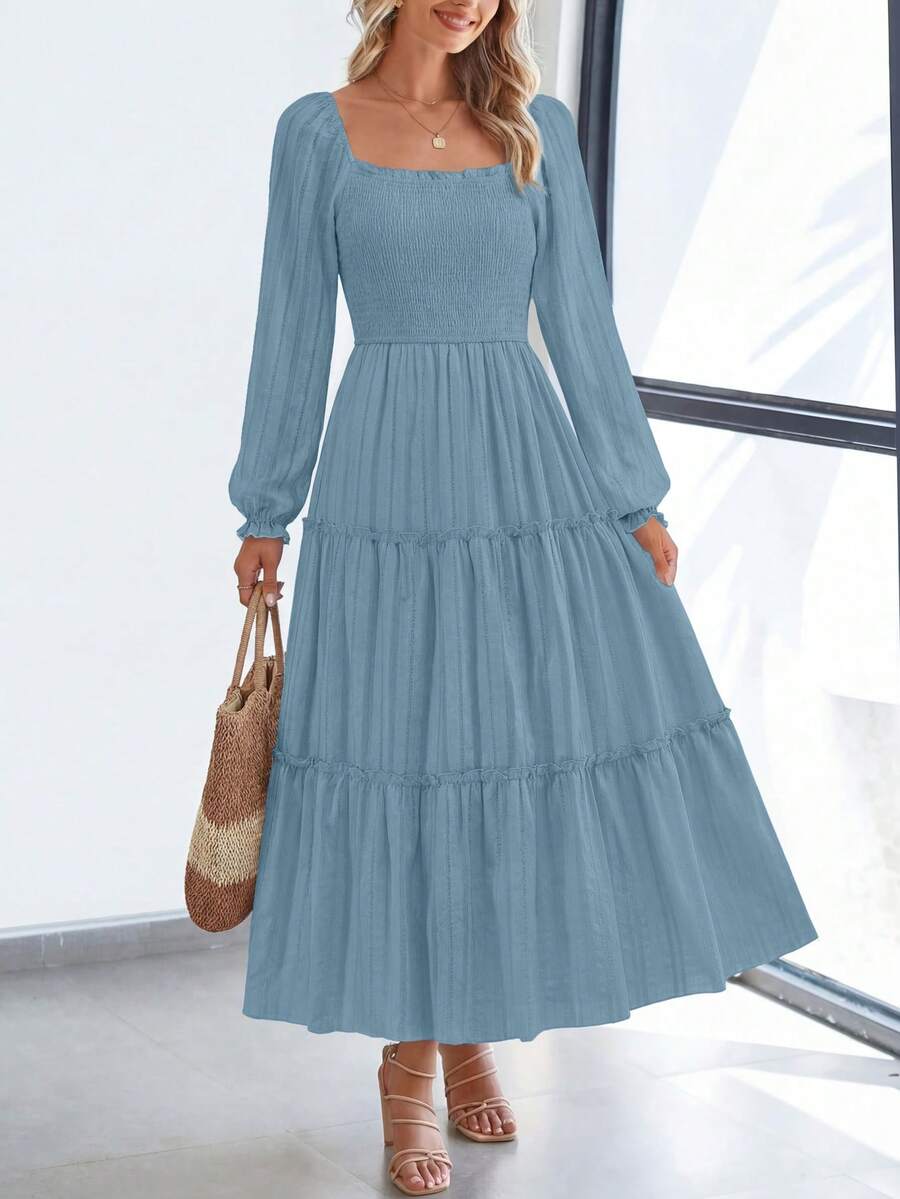 PRETTYGARDEN Women Elegant Maxi Dresses For Fall Boho Long Sleeve Smocked A Line Ruffle Wedding Guest Holiday Party Long Dress With Pockets New Years Valentine Vacation Spring Dresses For Women Vestidos Elegantes De Mujer - 灰藍 - 查看 1