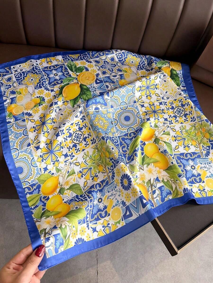 1pc French Citrus Lemon Print Lightweight Scarf, Women's Silk-Like Square Headscarf Shawl Beach, Street, Daily, Vacation, Decorative Ribbon - FG158-3 藍色 - 查看 1