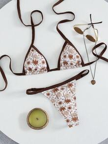 Onefish 女士白色和棕色热带棕榈印花比基尼套装，三角肩带滑动罩杯上衣，侧边系带可调节，低腰高衩泳裤，夏季沙滩泳装 - 白色 - 查看 4