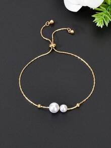 1 chiếc vòng tay dây vàng đính ngọc trai giả thanh lịch, có thể điều chỉnh kích thước, phù hợp cho phụ nữ đeo đi dự tiệc và sử dụng hàng ngày. - Vàng - Xem 1