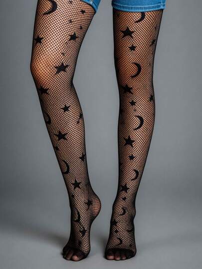 1 đôi quần tất lưới gợi cảm màu tối dành cho nữ, quần tất dài đến đầu gối màu đen mỏng, quần tất cao đến đùi với họa tiết trăng sao, quần tất nội y qua đầu gối thích hợp cho cosplay, mặc hàng ngày, quà tặng ngày lễ/sinh nhật.