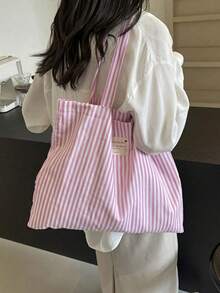 Vintage Striped Canvas Tote Bag, Women's Large Capacity Striped Canvas Tote Bag - Fashion Shoulder Bag, Suitable For Travel And Shopping, Bright Red And White Stripes, Large Capacity, Versatile, Washable - No Buckle, Daily Handbag, Casual Daily Tote Bag , Beach Bag , Office - 粉色 - 查看 4