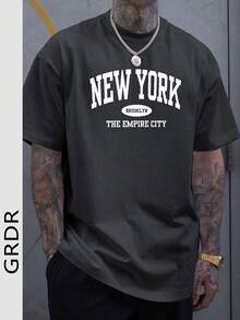 GRDR 男士复古美式学院风简约印花水洗短袖T恤，适合夏季穿着，舒适透气，引领时尚潮流 - 深灰色 - 查看 1