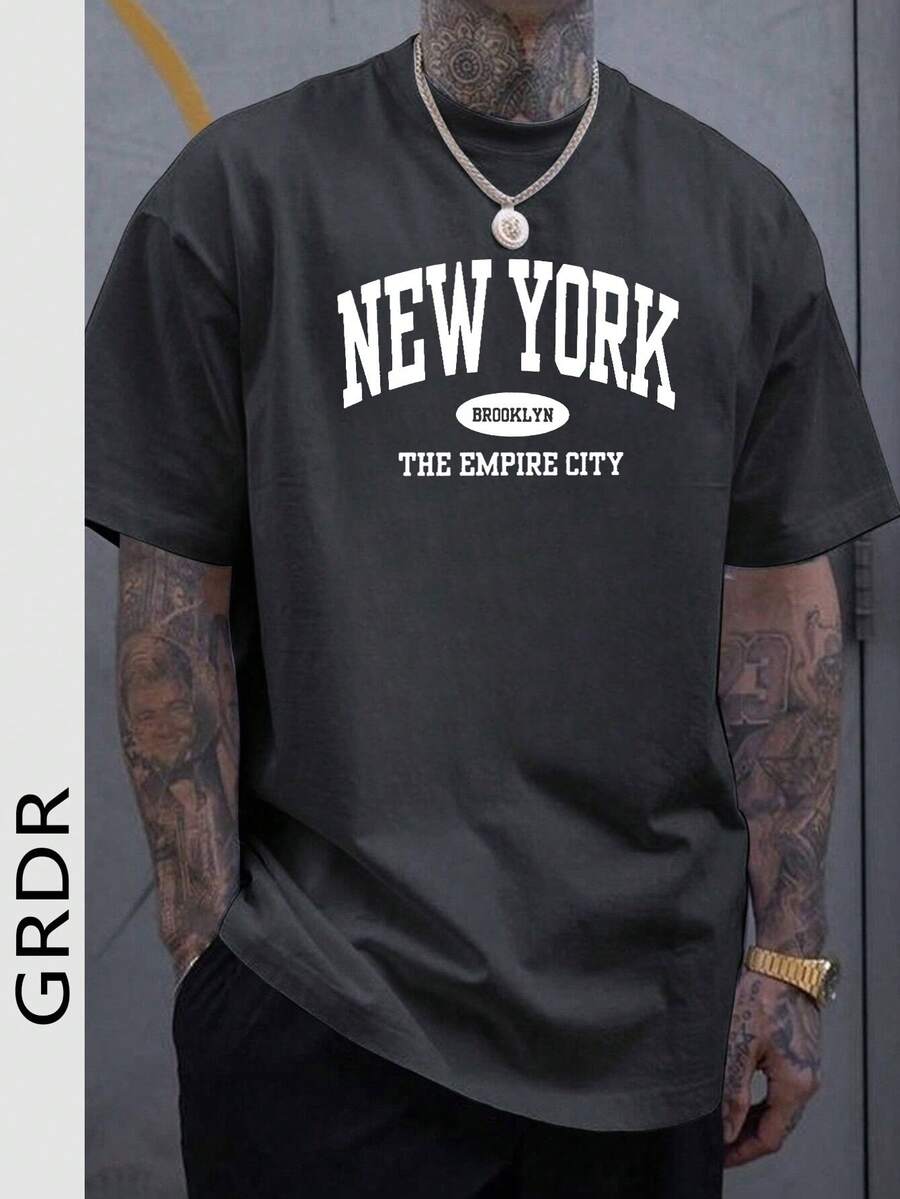 GRDR 男士复古美式学院风简约印花水洗短袖T恤，适合夏季穿着，舒适透气，引领时尚潮流 - 深灰色 - 查看 1