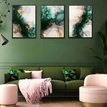 Juego de 3 impresiones de pintura de tinta fluida verde y dorada, decoración de arte de pared para la sala de estar, sin marco incluido - Multicolor - Ver 9