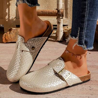 Women's Khaki, Beige, Gold, Silver, Black Suede Round Toe Decorative Flat Slip-On Shoes, Cute & Elegant Party Fairy Style, Suitable For All Seasons, Khaki Fashionable Versatile Shoes