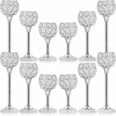 12pcs Golden Crystal & Metal Candle Holder Set - Perfect For Weddings, Home Decor, And Holiday Celebrations, For Wedding