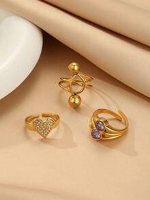 3件套不锈钢金色女士时尚优雅水钻圆珠戒指套装，适合日常佩戴或作为礼物 - 金黃色 - 查看 4