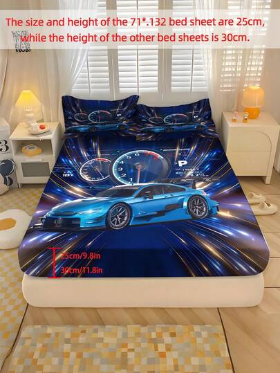 Jogo de lençóis de 2/3 peças, estampa de carro de corrida azul, tecido de poliéster, impressão digital, ideal para quarto de meninos e adolescentes, inclui 1/2 fronha.