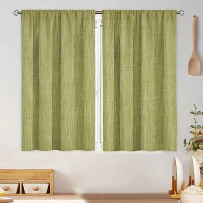 2PCS Solid Olive Green Fine Linen Texture Minimalist Modern Style Flat Printed Curtains, 100% Polyester Fabric, Rod Pocket, No Lining, 90gsm, 180cm Width, Perfect For Living Room, Bedroom, Study Room, Contemporary Home Decor, Etc.
