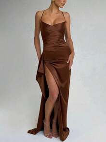 Sy-Elegant Sexy Satin Strapless Off Shoulder Frill Trim Waist Party Dress, Bridesmaid Dress, Formal Gown. - 棕色 - 查看 6