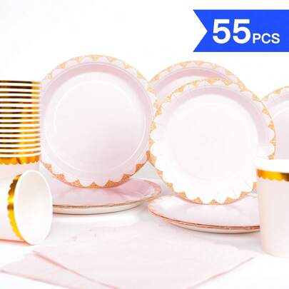 浅粉色花卉图案一次性餐盘、餐巾纸、纸杯 - 10人套装，一次性纸盘派对用品，适用于生日、婚礼、主题派对、家庭野餐