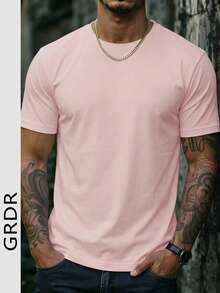 GRDR Camiseta de manga corta de cuello redondo de unicolor minimalista y de moda para hombres, adecuada para uso casual diario - Rosa - Ver 4