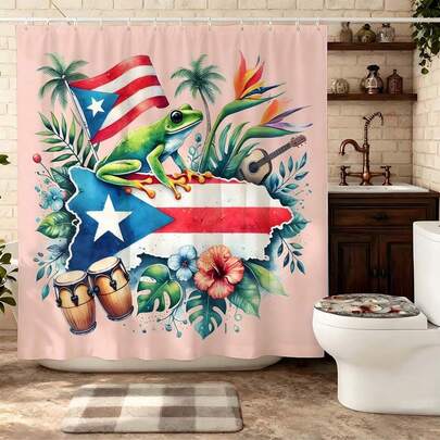 ستارة حمام رمز ثقافي بورتوريكي، ضفدع كوكي مع خريطة علم بورتوريكو وزهرة الخبيزة على خلفية وردية، ستارة حمام مقاومة للماء من البوليستر مع 12 خطاف، ديكور حمام بموضوع وطني بورتوريكي، ديكور منزلي لتراث ثقافي