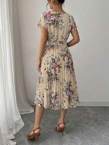 Summer Boho Floral Tiered Dress Women's Short Sleeve Crewneck Tie Front Pleated Flounce Hem Maxi Beach Vacation Dress - 杏色 - 查看 6