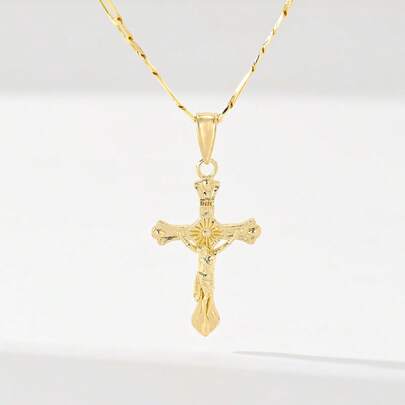 1pc Classic European And American Copper Jesus Cross Pendant Necklace, Limited Edition "Light Of Protection", Suitable For Christmas/Thanksgiving/Halloween/Mother's Day/Valentine's Day Gifts For Couples/Friends/Believers, Catholic First Communion, Gifts, Daily And Holiday Wear For Prayer