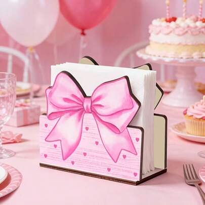 1pc Pink Wooden Napkin Clip With Bow Design | Butterfly & Heart Pattern Tabletop Decor, Suitable For Wedding, Birthday, Baby Shower, Gender Reveal, Anniversary Party Decoration