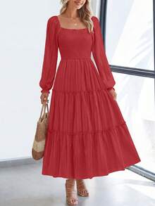 PRETTYGARDEN Women Elegant  Maxi Dresses For Fall Boho Long Sleeve Smocked A Line Ruffle  Wedding Guest Holiday Party Long Dress With Pockets New Years Valentine Vacation Spring Dresses For Women Vestidos Elegantes De Mujer - 紅色 - 查看 1