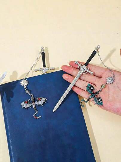 1pc Vintage Sword Dragon Metal Bookmark - Gothic Fantasy Pendant With Gemstones, Creative Holy Sword Dragon Design Reading Accessory, Perfect Gift For Bookworms And Book Lovers, Reading Accessories, Kawaii Stationery, Fan Collection Gift