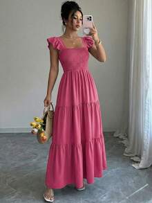 Summer Square Neck Backless Smocked Dress Women's Sleeveless Ruffle Trim Tiered Cami Midi Beach Vacation Dress - 玫紅色 - 查看 1