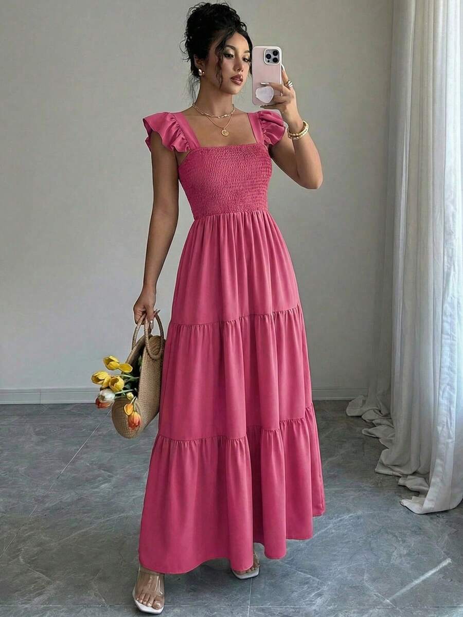 Summer Square Neck Backless Smocked Dress Women's Sleeveless Ruffle Trim Tiered Cami Midi Beach Vacation Dress - 玫紅色 - 查看 1