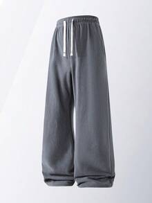 男士户外休闲裤，春秋季薄款抓绒防风直筒运动裤，带抽绳腰带 - 灰色 - 查看 3