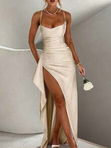 Sy-Elegant Sexy Satin Strapless Off Shoulder Frill Trim Waist Party Dress, Bridesmaid Gown, Formal Ball Gown. - 藕粉色 - 查看 6