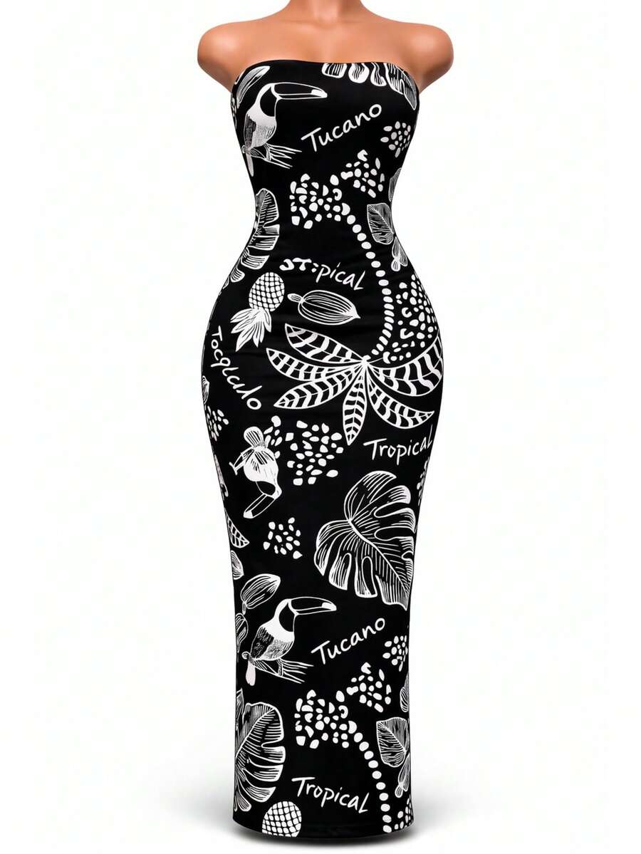 Women's Strapless Dress With Tropical Toucan Print – Elegant Summer Dress - Black Background - View 1