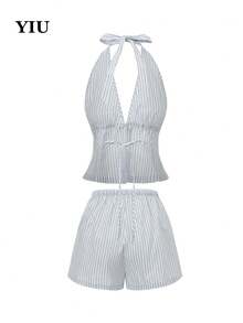 Bộ đồ đi biển mùa hè 2 món dành cho nữ: áo hai dây hở lưng kẻ sọc + áo croptop hở lưng cổ chữ V sâu buộc dây phía trước + quần short xếp ly cạp cao, kiểu dáng gợi cảm, thanh lịch và thoải mái, thích hợp cho các bữa tiệc bãi biển. - Xanh và trắng - Xem 5