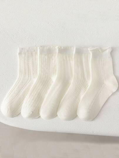 5 Pairs Kids' White Mesh Breathable Mid-Calf Socks, Versatile Student Socks For Spring & Summer
