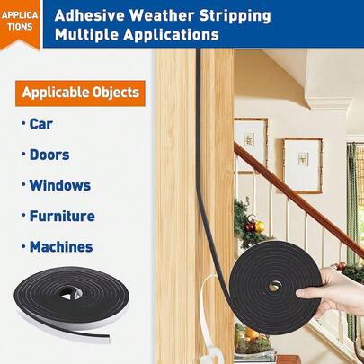50Ft Adhesive Weather Stripping Foam Tape 12mm(W) X 6mm(T) Window Door Draught Excluder SoundProof Strip Seals For Gap Seal 4 Rolls Total 4M Long Noise Muffling