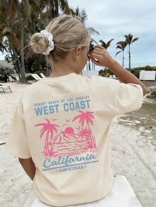 Teen Girl Casual Funny Print Round Neck Short Sleeve T-Shirt, Summer Top - Apricot - View 3