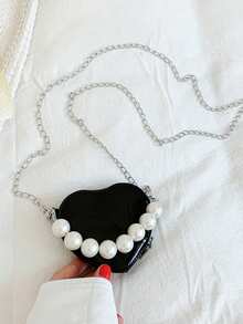 Bolso mini con diseño de nicho en forma de corazón, bolso de hombro con cadena de perlas personalizado de moda para mujeres - Negro - Ver 7