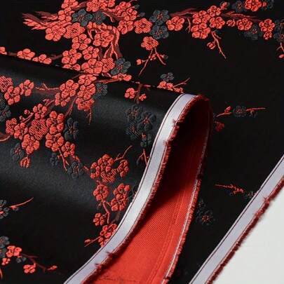 Vintage Red And Black Chinese Brocade Fabric, Classical Danish Jacquard Floral Pattern, Pre-Cut Polyester Fabric, Suitable For Clothing And Home Decor, Hand Wash, 150g/Sqm