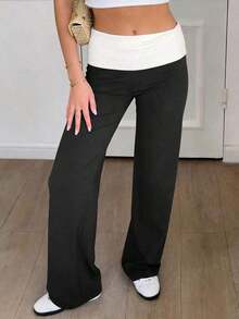 Sunny Girly Summer Y2K Back To School Casual Home Waistline White Pleated Patchwork Straight Pants - 黑色 - 查看 11