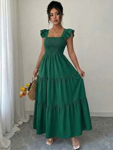 Vestido de verano con cuello cuadrado, espalda descubierta y fruncido, sin mangas, con volantes y diseño escalonado, estilo cami midi, para playa y vacaciones. - Dark Gold - Ver 5