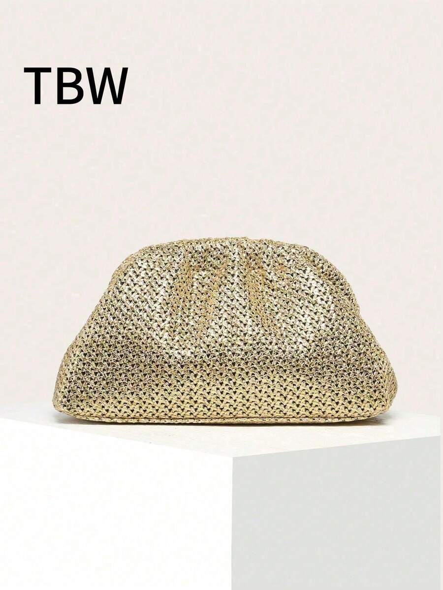 Bolso de mano de paja para mujer, de unicolor, de gran capacidad, con estilo clásico retro, adecuado para vacaciones y viajes - Dorado - Ver 1