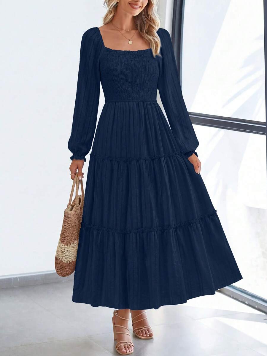 PRETTYGARDEN Women Elegant Maxi Dresses For Fall Boho Long Sleeve Smocked A Line Ruffle Wedding Guest Holiday Party Long Dress With Pockets New Years Valentine Vacation Spring Dresses For Women Vestidos Elegantes De Mujer - 藏蓝色 - 查看 1