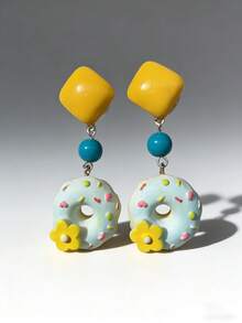 1 Pair Sweet Food Style Resin Earrings Yellow Block Blue Bead Light Blue Donut Shaped Decorative Ear Jewelry Women's Daily Casual Wear - Multicolor - View 5