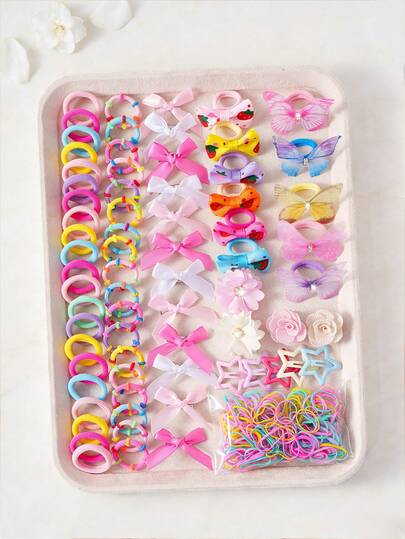 365 piezas/Set Scrunchies de pelo con moños multicolor + Pasadores de pelo con mariposas + Pasadores laterales con estrellas + Diademas con flores para niñas, Set de peinado no dañino, con diseño de diamante de imitación, adecuado para fiestas de cumpleaños y uso diario