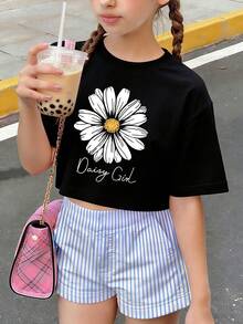 少女字母雏菊印花短袖T恤，休闲时尚新款 - 黑色 - 查看 3