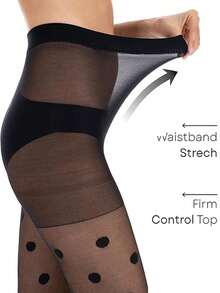 1 Pair Black Polka Dot Tights For Women, Polka Dot Patterned Pantyhose With Control Top, Nylon Stockings, Parties & Dresses, Summer Travel Holiday Essentials - Multicolor - View 5