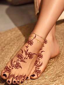 3 piezas Tatuajes temporales de henna con diseño de luna y flor en marrón-rojo - Diseño Manhaiti, tatuajes a prueba de agua para manos, dedos, pies, arte corporal de transferencia de agua marrón-rojo, adecuado para fiestas y festivales de pintura corporal - Marrón - Ver 3