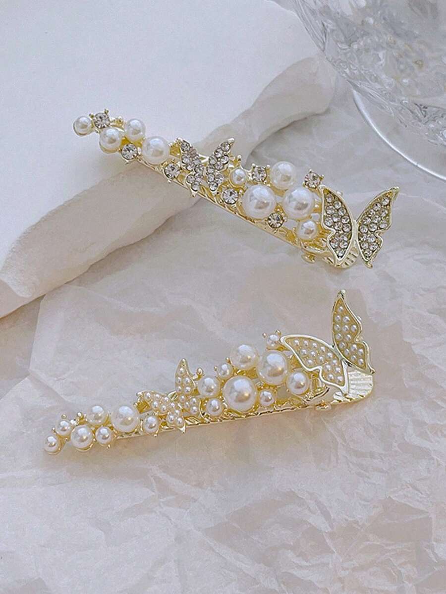 2个装女士春夏水钻3D蝴蝶发夹，珍珠侧边发夹 - 彩色 - 查看 1
